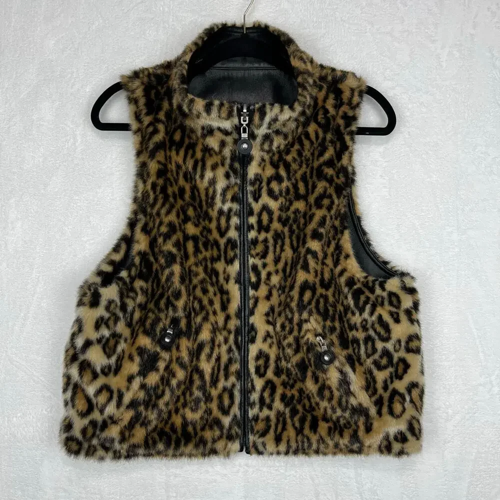 Jamie Sadock Black Leather and Leopard Faux Fur Reversible Zip up Vest Medium - Picture 6 of 16